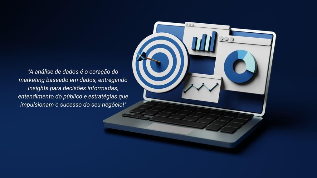 Computador com gráficos e tabelas, análise de dados de marketing de uma campanha de conteúdo.
