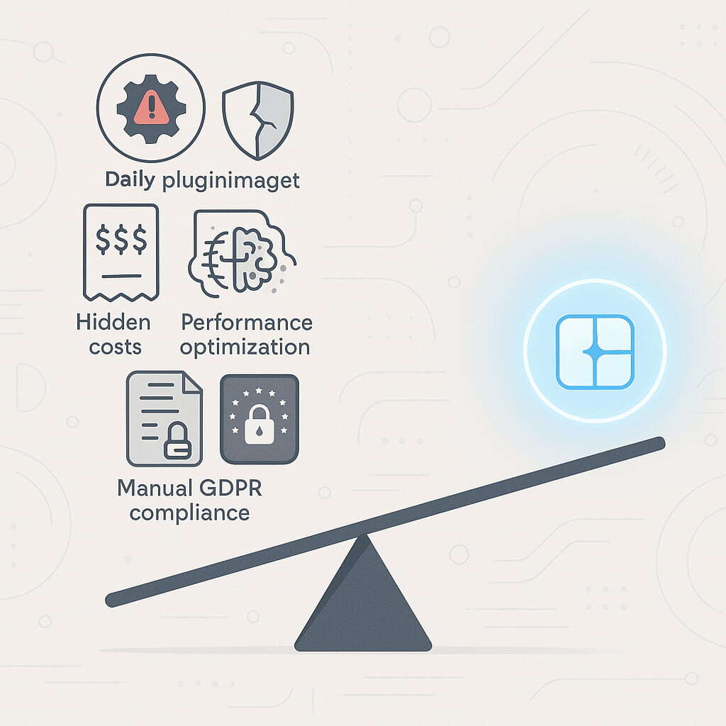 Grafik zu typischen Problemen traditioneller CMS: Plugin-Management, Sicherheitsrisiken, versteckte Kosten, Performance-Hürden und manuelle DSGVO-Umsetzung. Eine Waage zeigt das Ungleichgewicht im Vergleich zu modernen CMS.