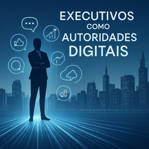 Executivo em destaque sobre uma plataforma digital iluminada, cercado por ícones de influência online, representando o conceito de como ghostwriters transformam executivos em autoridades digitais por meio de presença estratégica nas redes, conteúdo de valor e posicionamento profissional.
