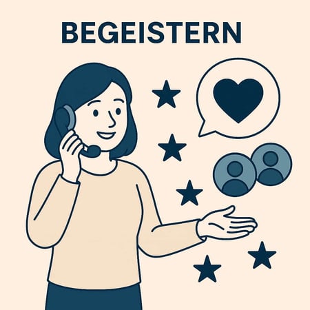 Illustration einer Frau am Telefon mit Sternen und Herzsymbol, Symbol für die Begeisterungsphase im Inbound-Marketing