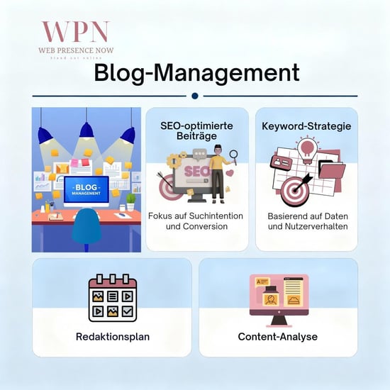 Infografik „Blog‑Management“ der Agentur WPN: fünf Kacheln zeigen SEO‑optimierte Beiträge mit Fokus auf Suchintention und Conversion, Keyword‑Strategie basierend auf Daten und Nutzerverhalten, Redaktionsplan, Content‑Analyse sowie ein Schreibtisch mit Monitor und Notizzetteln als zentrales Motiv.