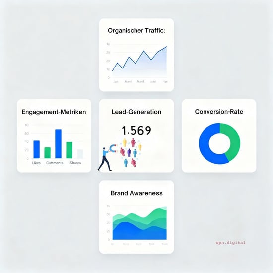 Content‑Dashboard mit KPIs: organischer Traffic, Engagement‑Metriken, Lead‑Generierung, Conversion‑Rate und Brand Awareness zur Performance‑Optimierung.