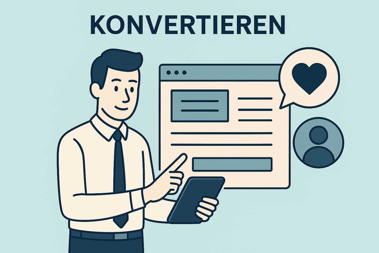 Illustration eines Geschäftsmannes mit Tablet, der auf ein Formular zeigt, Symbol für die Konvertierungsphase im Inbound-Marketing