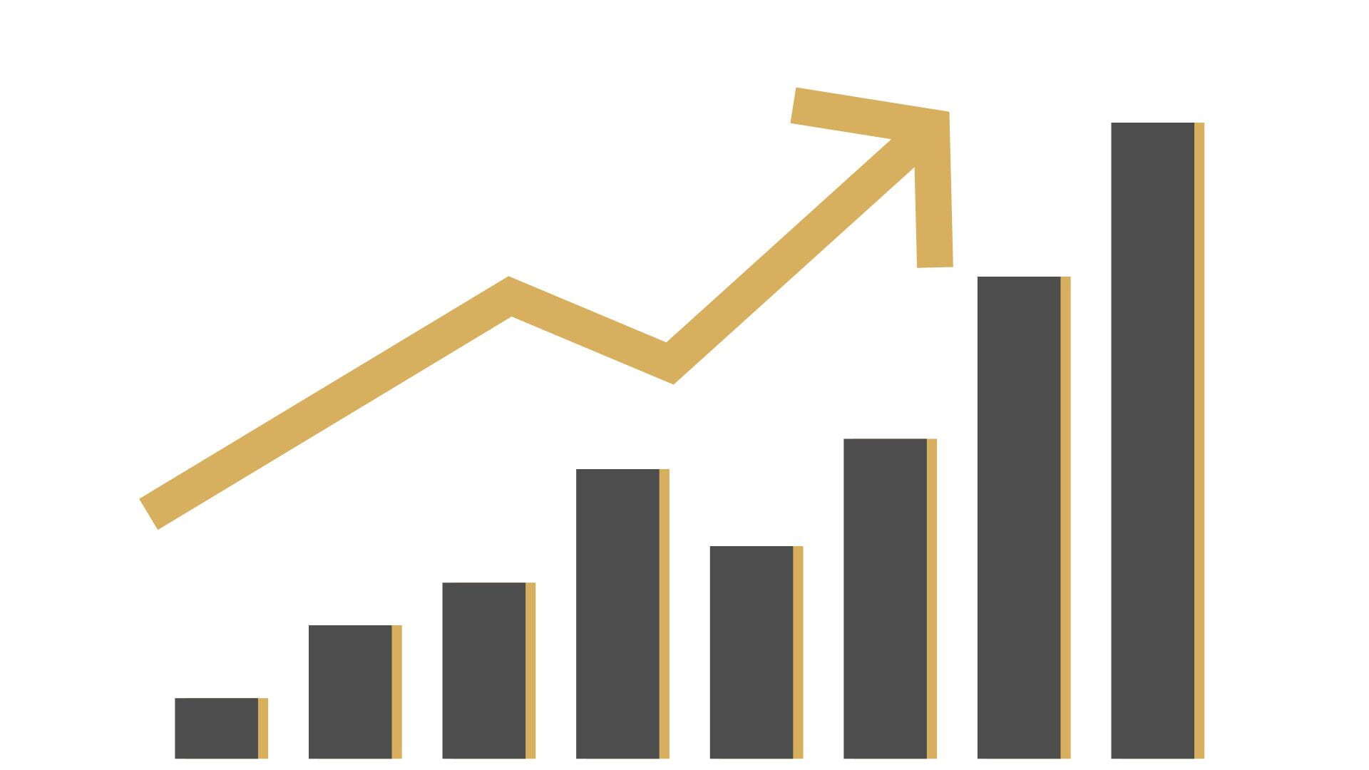 Ansteigendes Balkendiagramm mit sechs schwarzen Säulen und goldener Wachstumslinie – Symbol für Performance und Geschäftserfolg.