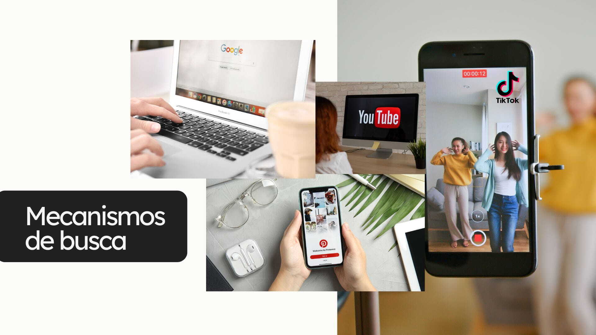 Imagem com os foto de logo dos principais mecanismos de buscas como Google, Tiktok, Pinterest, Youtube, 