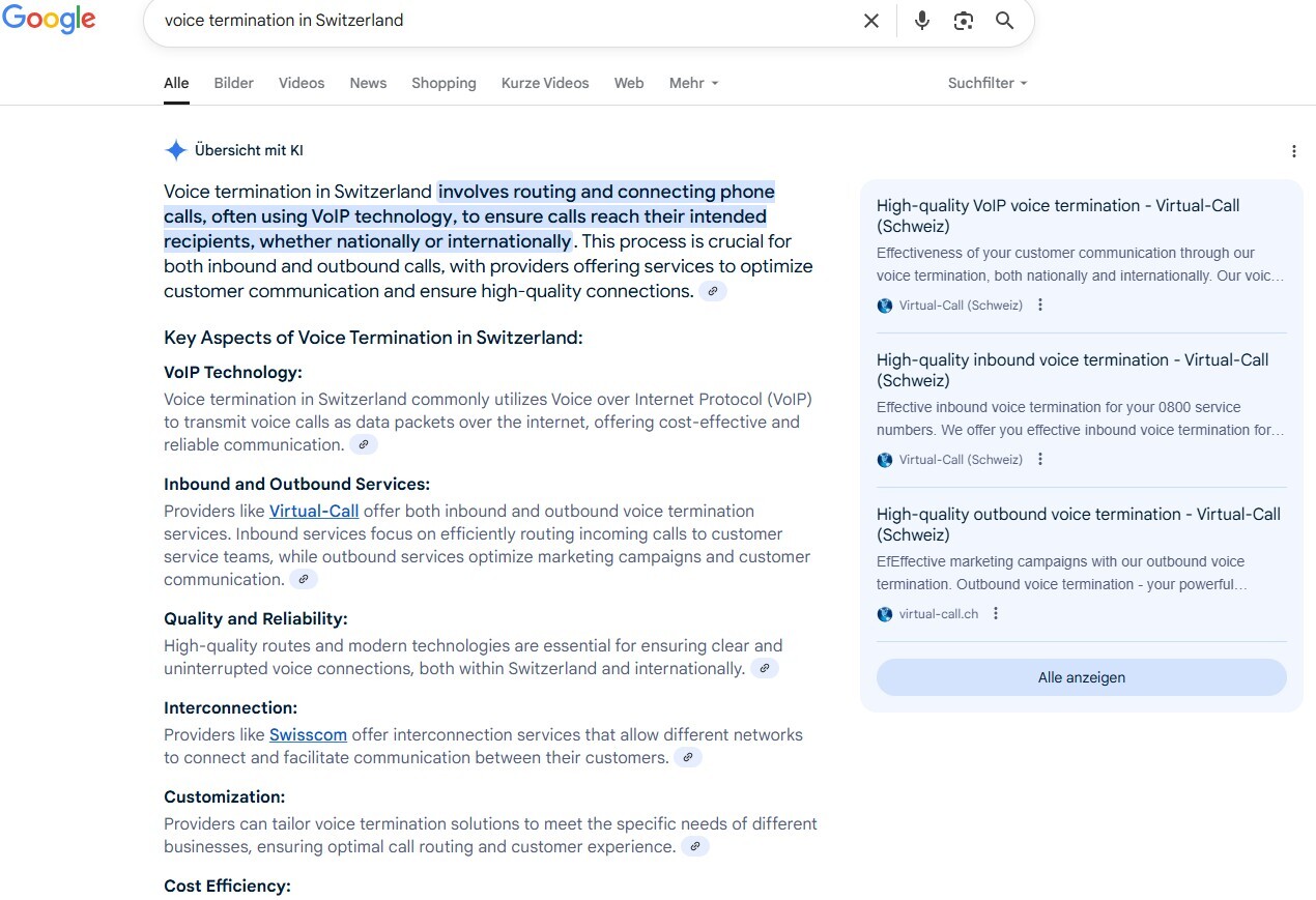 Screenshot of Google search results page for “Voice Termination is Switzeland”, with top rankings for virtual-call.com and virtual-call.ch. Relevant proof of SEO for B2B content marketing and global digital visibility.