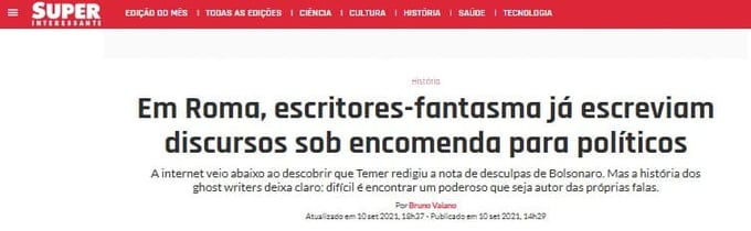 Imagem de uma reportagem confirmando a contratação de escritores fantasmas por políticos.