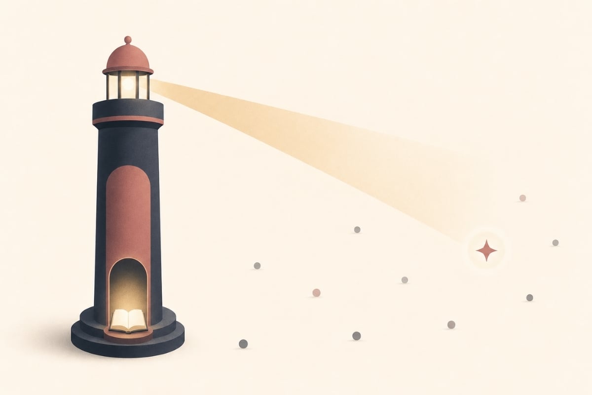 Ilustração de um farol de luz focado iluminando um único ponto de destaque, simbolizando engajamento de qualidade com o cliente certo em vez de alcance em massa