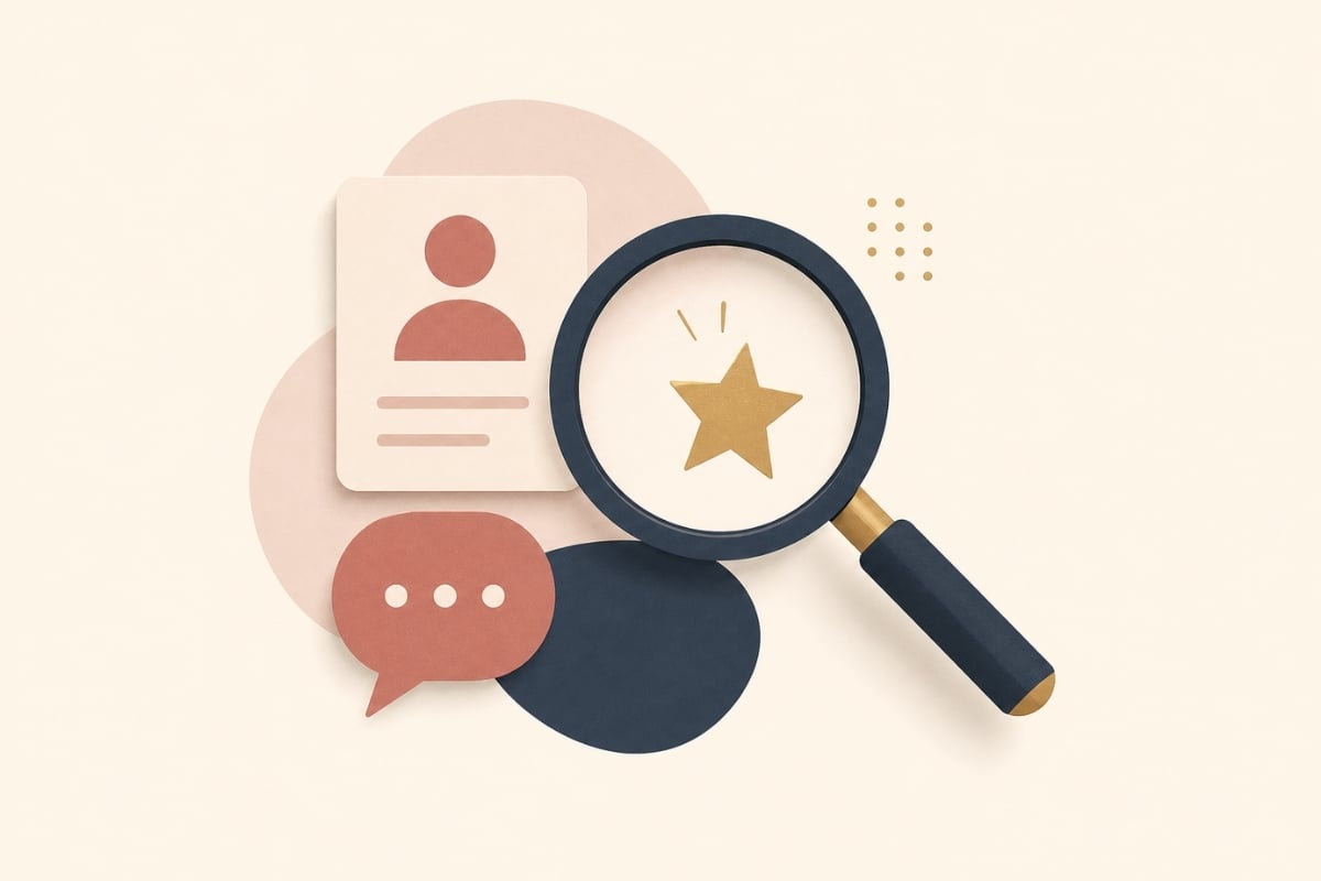 Lupa destacando o melhor cliente entre ícones de perfil e conversa, representando como identificar o ICP com informações que você já possui