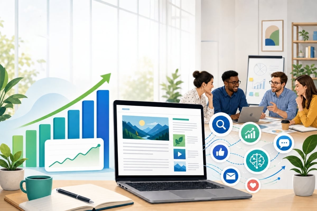 Ilustração de laptop com artigo de blog e ícones de busca, engajamento, IA e comunicação conectados por setas, ao lado de equipe analisando gráfico de crescimento, representando a evolução do inbound marketing na era da busca por inteligência artificial.