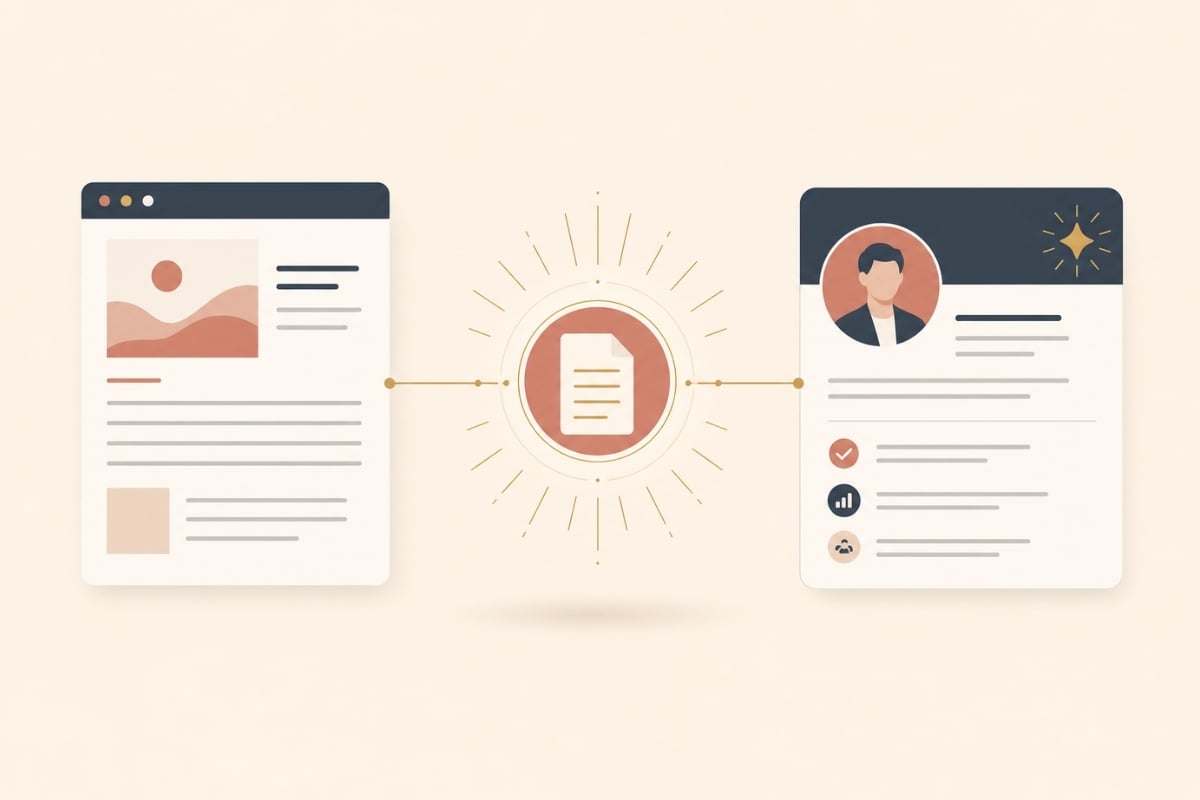 Ilustração conceitual conectando estratégia de conteúdo de qualidade entre blog e LinkedIn