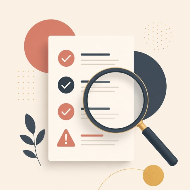ilustração conceitual: lupa sobre um checklist abstrato com um alerta, simbolizando escrutínio de qualidade.
