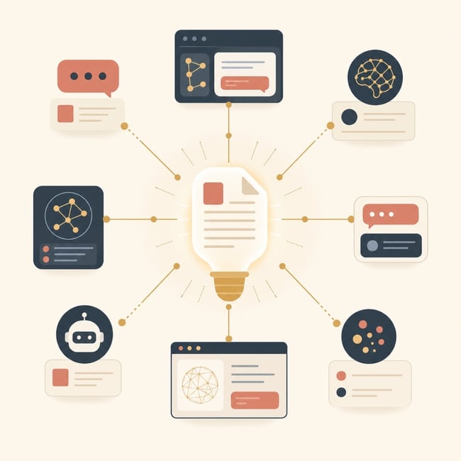 ilustração conceitual: nó central (documento/ideia) irradiando conexões para interfaces de IA, simbolizando conteúdo sendo referenciado por sistemas generativos.