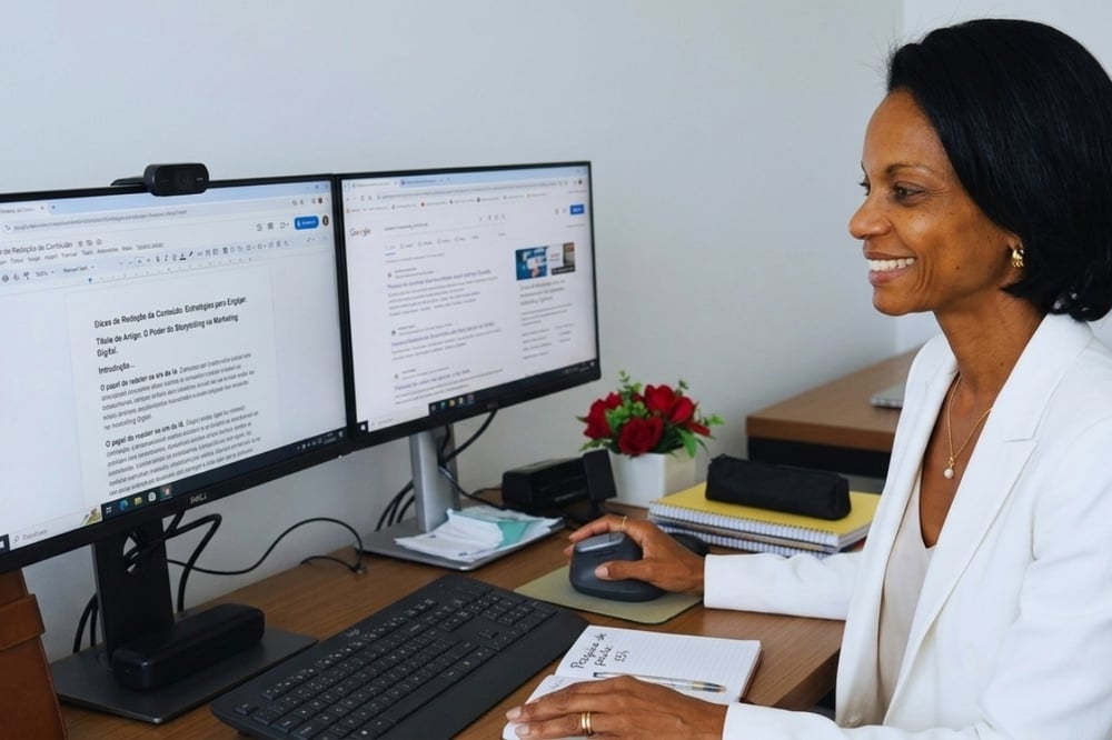 Adelia Kolbe, Diretora de Marketing da WPN, trabalhando na estratégia de conteúdo e autoridade digital