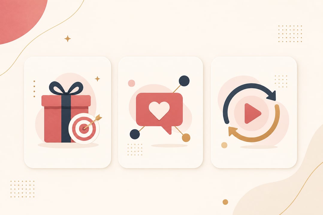 Três ícones abstratos representando personalização, engajamento social e retenção de clientes através de dados