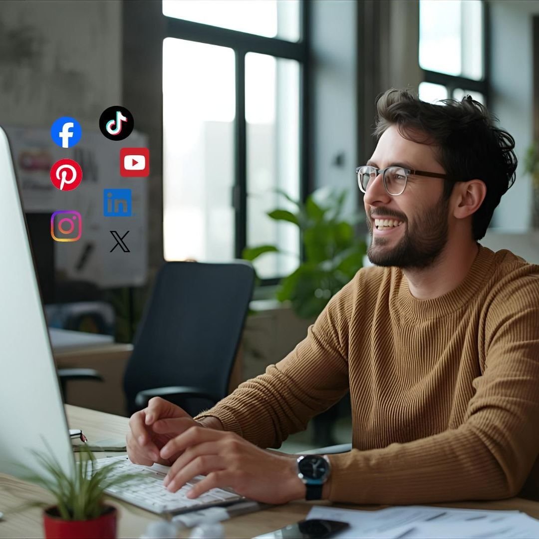 Social‑Media‑Manager in modernem Büro lächelt vor grossem Desktop‑Computer, arbeitet an Kampagnen und Community‑Management – Symbol für professionelle Betreuung, Content‑Planung und messbare Ergebnisse.