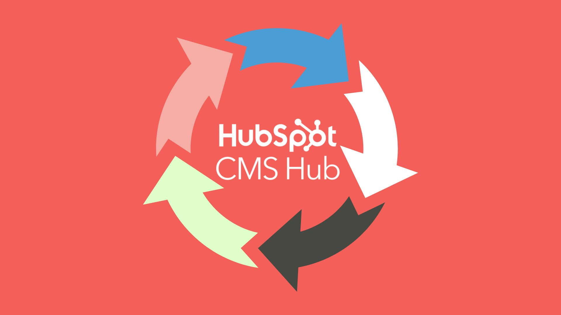 HubSpot CMS Hub Logo auf rotem Hintergrund mit farbigen Pfeilen im Kreis – Symbol für Content-Management und Marketing-Automatisierung.