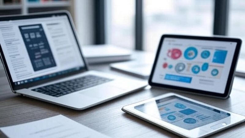Ein heller, gut organisierter Schreibtisch mit Laptop, Tablet und weiteren Geräten. Auf den Bildschirmen sind Diagramme und Texte sichtbar – Große Fenster im Hintergrund sorgen für natürliches Licht und eine produktive Atmosphäre.