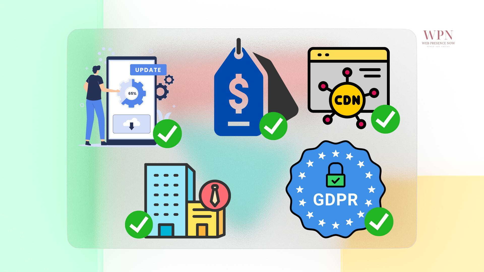 Vorteile von HubSpot CMS Hosting als Grafik: automatische Updates, integrierte Sicherheit, transparente Preise, optimierte CDN-Performance und DSGVO-Konformität. Moderne Icons auf neutralem Tech-Hintergrund 