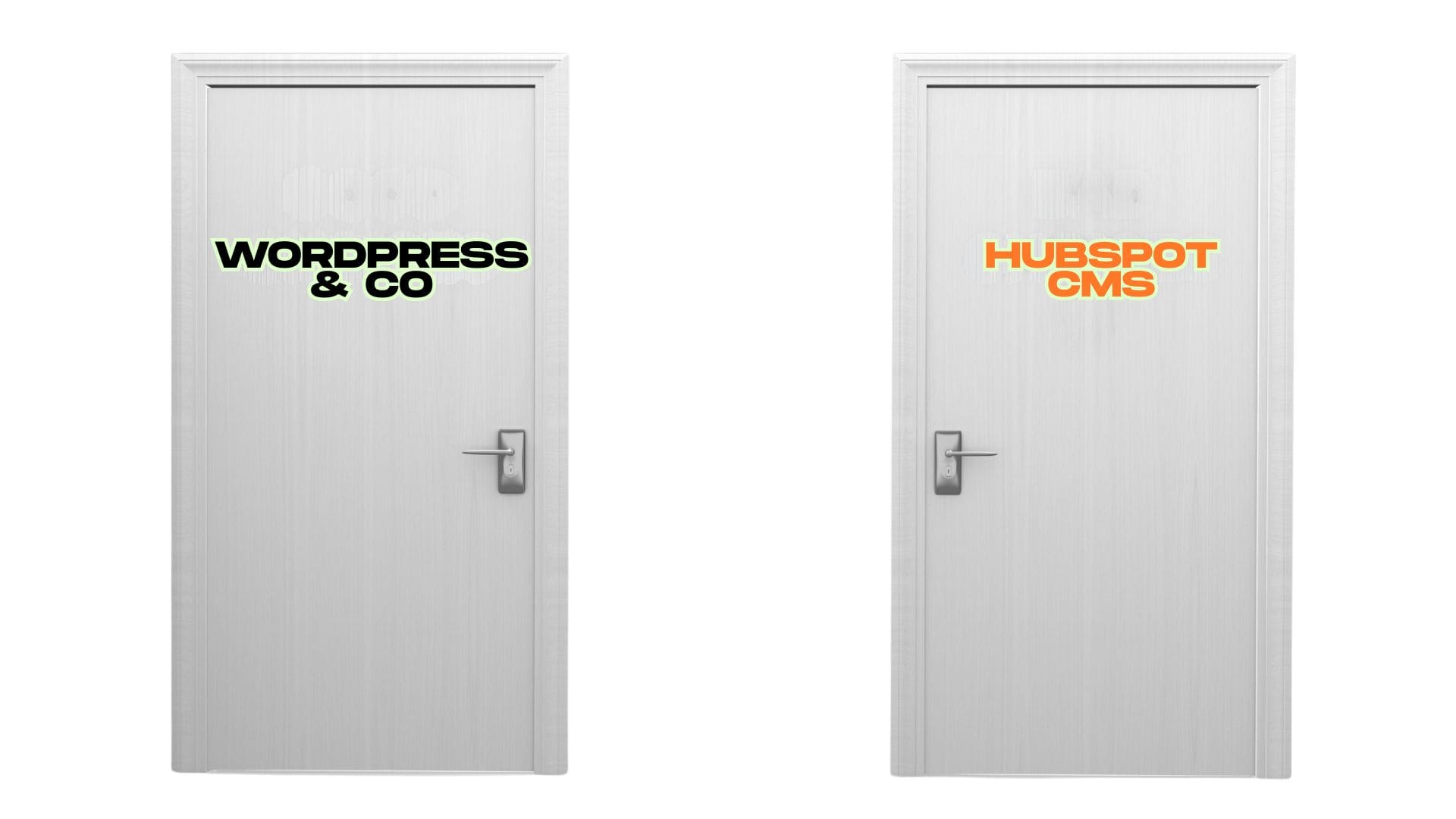 Zwei Türen mit Beschriftung: „WordPress & Co“ und „HubSpot CMS“ – symbolische Darstellung einer CMS-Entscheidung.