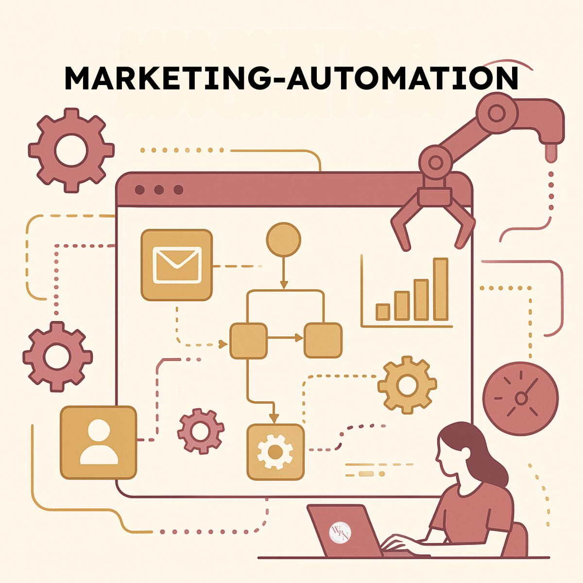 Illustration zur Marketing-Automatisierung: Digitales Dashboard mit vernetzten Tools wie E-Mail-Marketing, CRM-Integration, Lead-Nurturing, automatisierten Workflows und Leistungsanalysen. Zahnräder, Flussdiagramme und Roboterarme symbolisieren Effizienz und digitale Innovation.