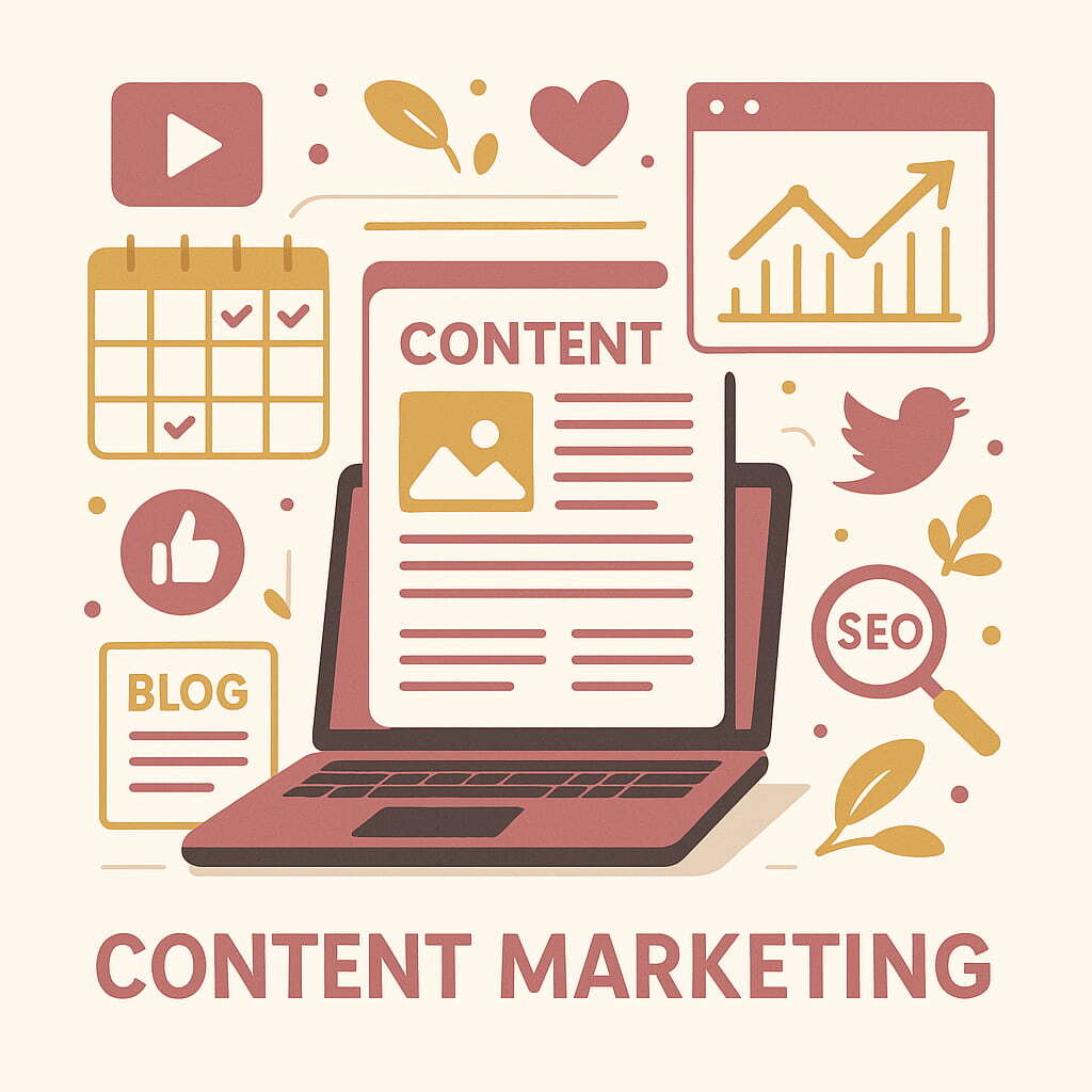 Moderne Content-Marketing-Illustration mit digitalem Arbeitsplatz: Laptop, Redaktionskalender, Social-Media-Icons, Blogbeiträge, SEO-Tags und Analyse-Diagramme – visuelle Darstellung von Strategie, Kreativität und digitaler Kommunikation.