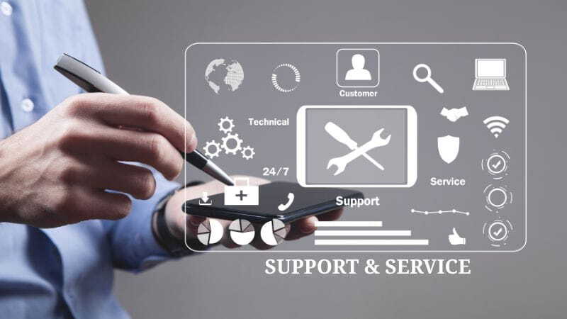 Mann mit Smartphone und Stift, umgeben von Icons für technischen Support, Tools, Zahnräder und 24/7-Service.