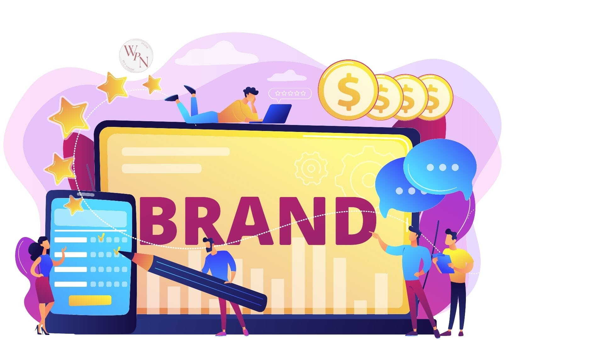 Websites für persönliches Branding: Illustration mit dem Wort „BRAND“ auf einem Bildschirm, umgeben von Symbolen für Strategie und Kreativität.