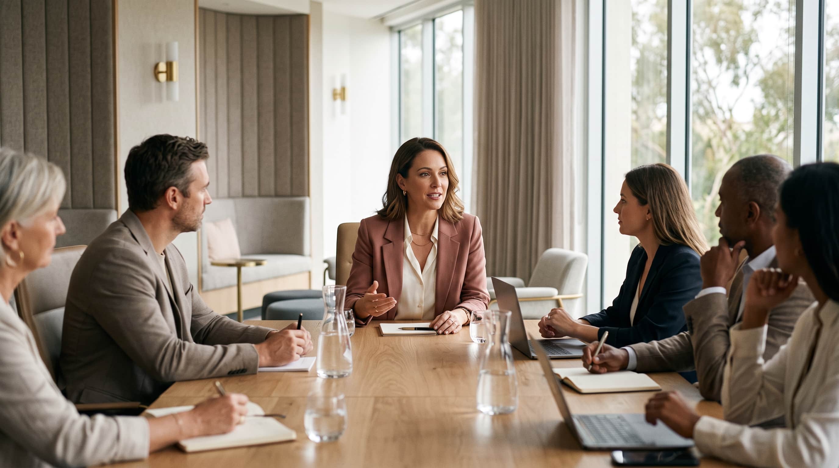 Grupo de profissionais reunido ao redor de uma mesa durante uma conversa de trabalho.