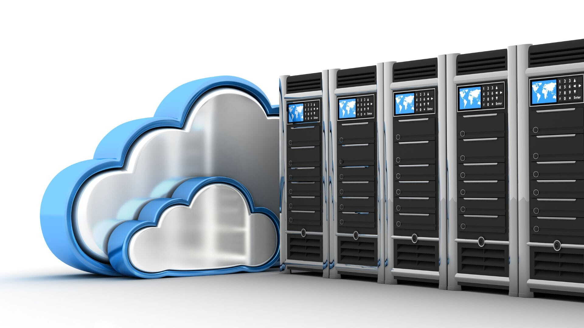 Stilisierte blaue Cloud neben fünf Server-Racks mit Weltkarten – Symbol für Cloud-Computing und skalierbare IT-Infrastruktur.