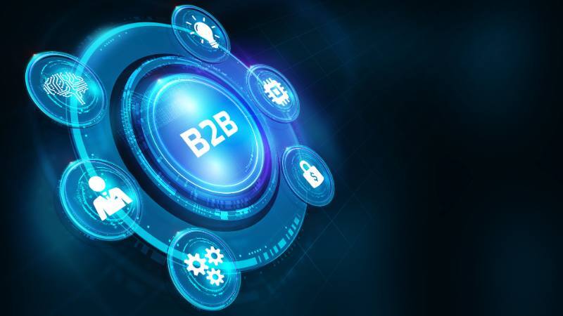 Digitales B2B-Konzept mit KI, Sicherheit, Innovation und Teamarbeit, dargestellt durch ein futuristisches Interface mit Symbolen.
